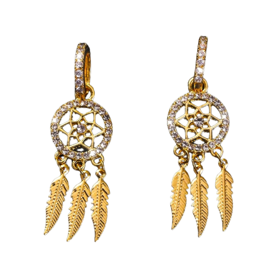 14k Gold Feather Dream Catcher Drop Earrings for Women | Spiritual Jewelry