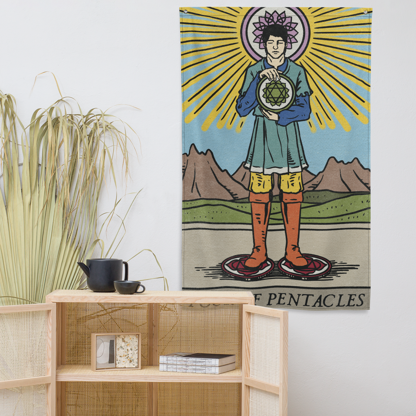 'Four of Pentacles' Chakra Design Flag Tapestry