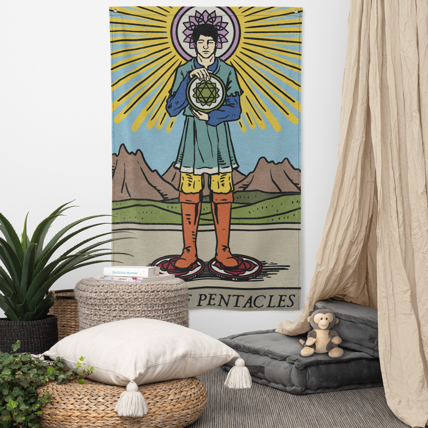 'Four of Pentacles' Chakra Design Flag Tapestry