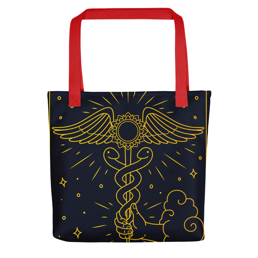 'The Enlightenment' Tote Bag | 'Ace of Pentacles' Tarot Card, Caduceus & Crown Chakra