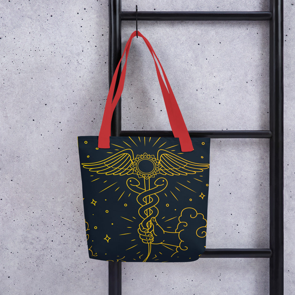 'The Enlightenment' Tote Bag | 'Ace of Pentacles' Tarot Card, Caduceus & Crown Chakra