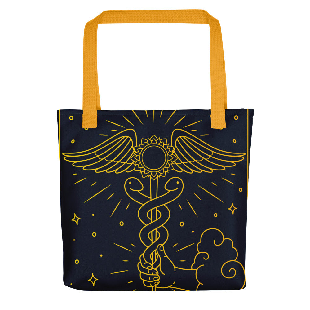 'The Enlightenment' Tote Bag | 'Ace of Pentacles' Tarot Card, Caduceus & Crown Chakra