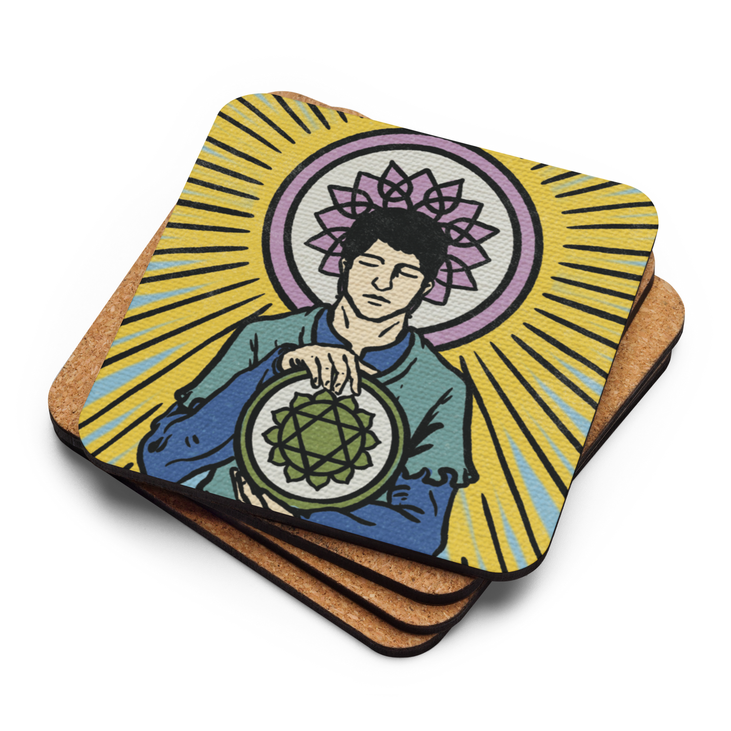 'Four of Pentacles' Chakra Cork-Back Coasters | Tarot Card, Minor Arcana