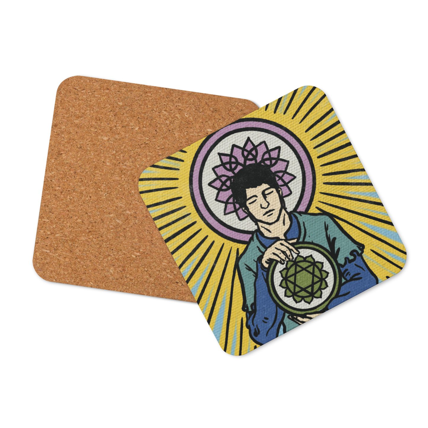 'Four of Pentacles' Chakra Cork-Back Coasters | Tarot Card, Minor Arcana