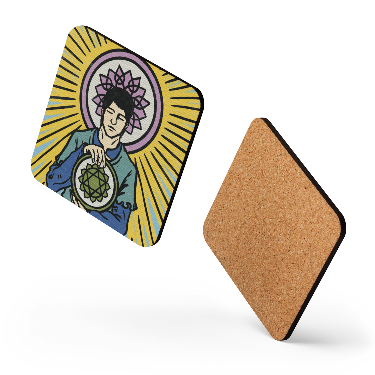 'Four of Pentacles' Chakra Cork-Back Coasters | Tarot Card, Minor Arcana