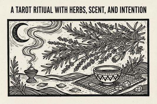A Tarot ritual with rosemary, lavender, herbs, crescent moon, and candlelight