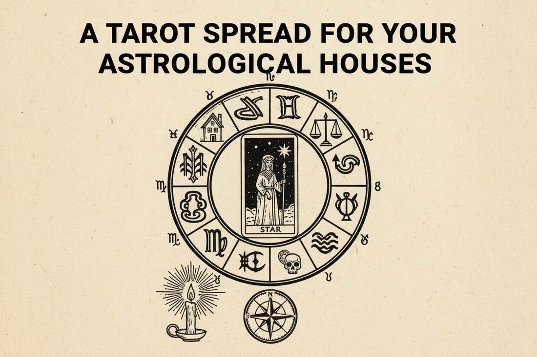 A Tarot spread for the twelve astrological houses, with a star chart, compass, and candlelight