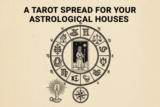 A Tarot spread for the twelve astrological houses, with a star chart, compass, and candlelight