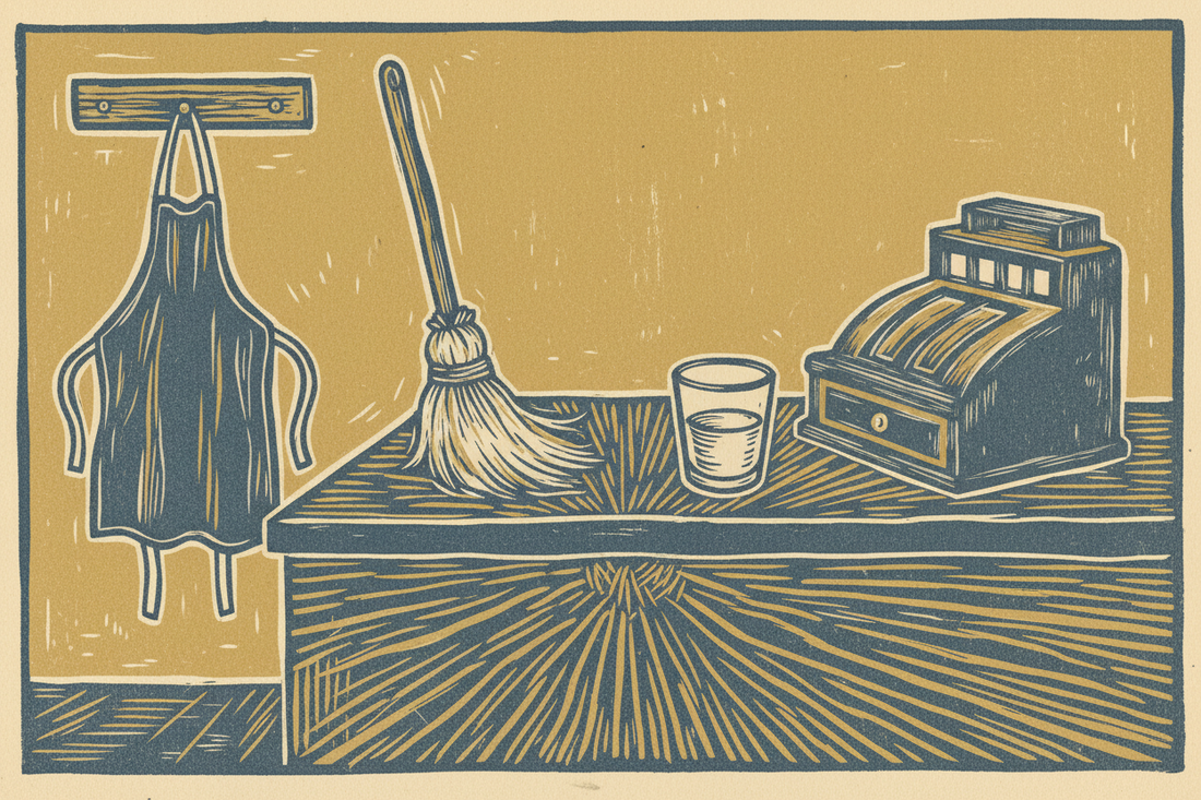 A woodcut print of a shop counter at closing time with a hung apron and leaning broom, in slate blue, mustard, and cream