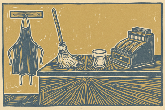 A woodcut print of a shop counter at closing time with a hung apron and leaning broom, in slate blue, mustard, and cream