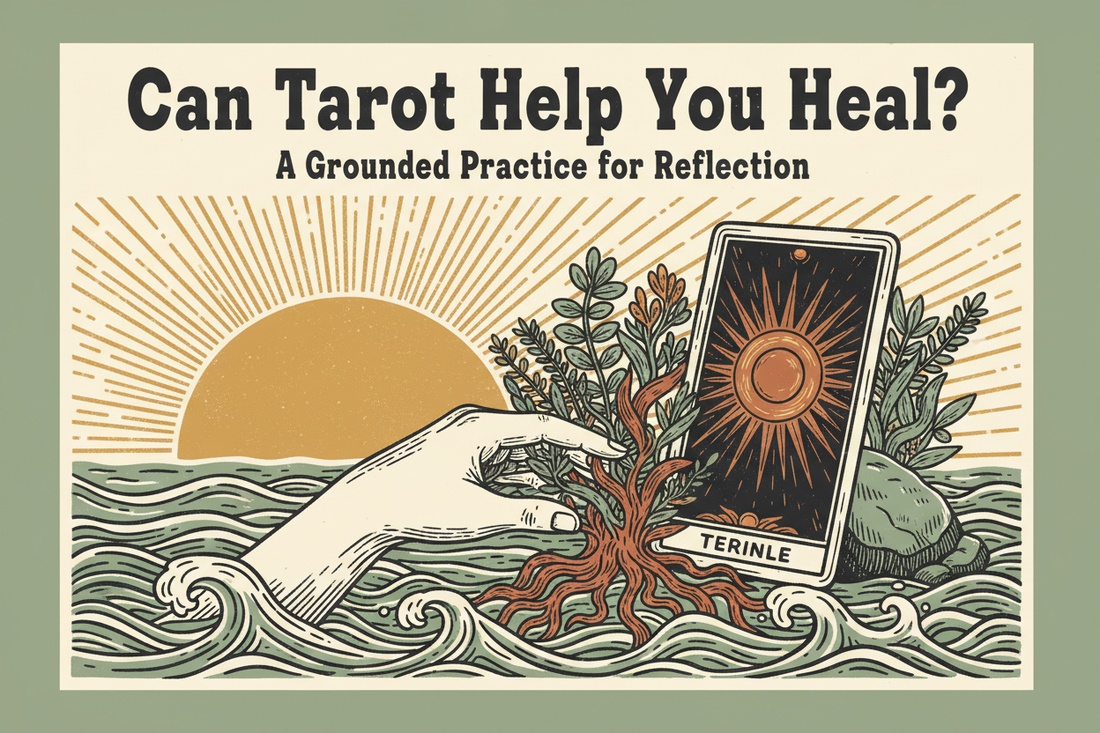 Handmade linocut blog cover showing a Tarot card, a healing garden, water, and a rising sun for grounded reflection