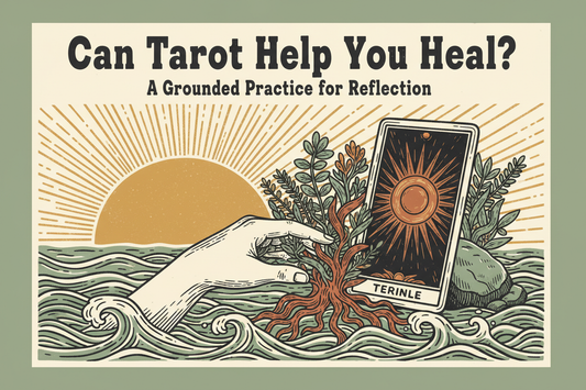 Handmade linocut blog cover showing a Tarot card, a healing garden, water, and a rising sun for grounded reflection