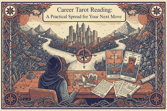 Career Tarot Reading: A Practical Spread for Your Next Move, with a person at a crossroads, a compass, résumé pages, and Tarot cards