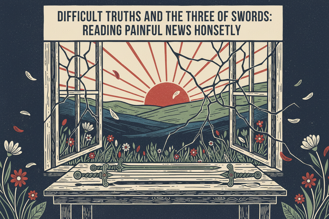 Difficult truths and the Three of Swords, with a cracked window, clear dawn, and wildflowers