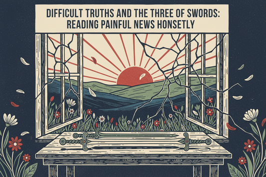 Difficult truths and the Three of Swords, with a cracked window, clear dawn, and wildflowers