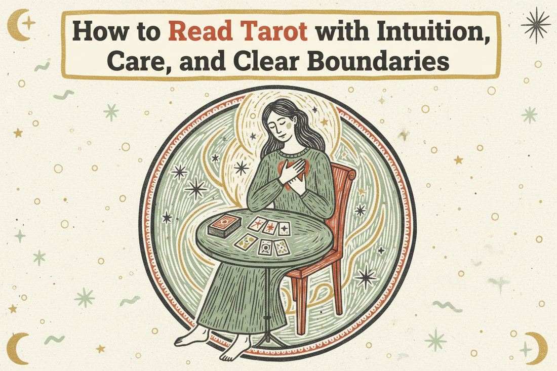 Handmade linocut Tarot blog cover showing a grounded reader at a table with cards, intuition, care, and clear boundaries