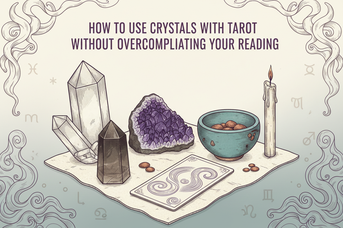 How to use crystals with Tarot, featuring clear quartz, amethyst, smoky quartz, a candle, and a card