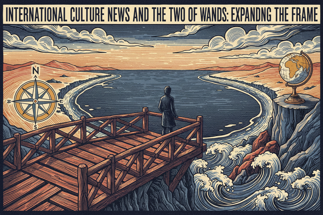 International culture news and the Two of Wands, a compass and connected shorelines widening the frame