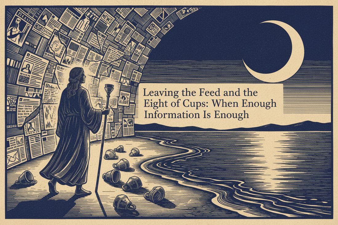 Leaving the Feed and the Eight of Cups: When Enough Information Is Enough, in a centered serif title panel over an engraved moonlit shoreline scene