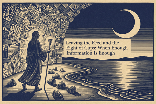Leaving the Feed and the Eight of Cups: When Enough Information Is Enough, in a centered serif title panel over an engraved moonlit shoreline scene