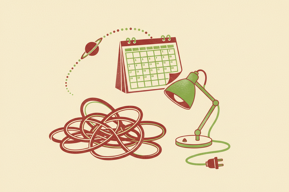A screenprint of a cluttered desk with tangled cable and a planet looping backward overhead, in oxblood, chartreuse, and cream