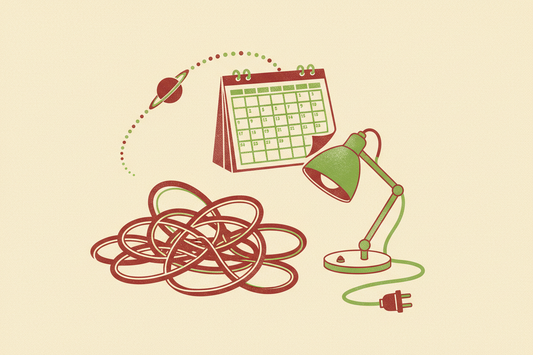 A screenprint of a cluttered desk with tangled cable and a planet looping backward overhead, in oxblood, chartreuse, and cream