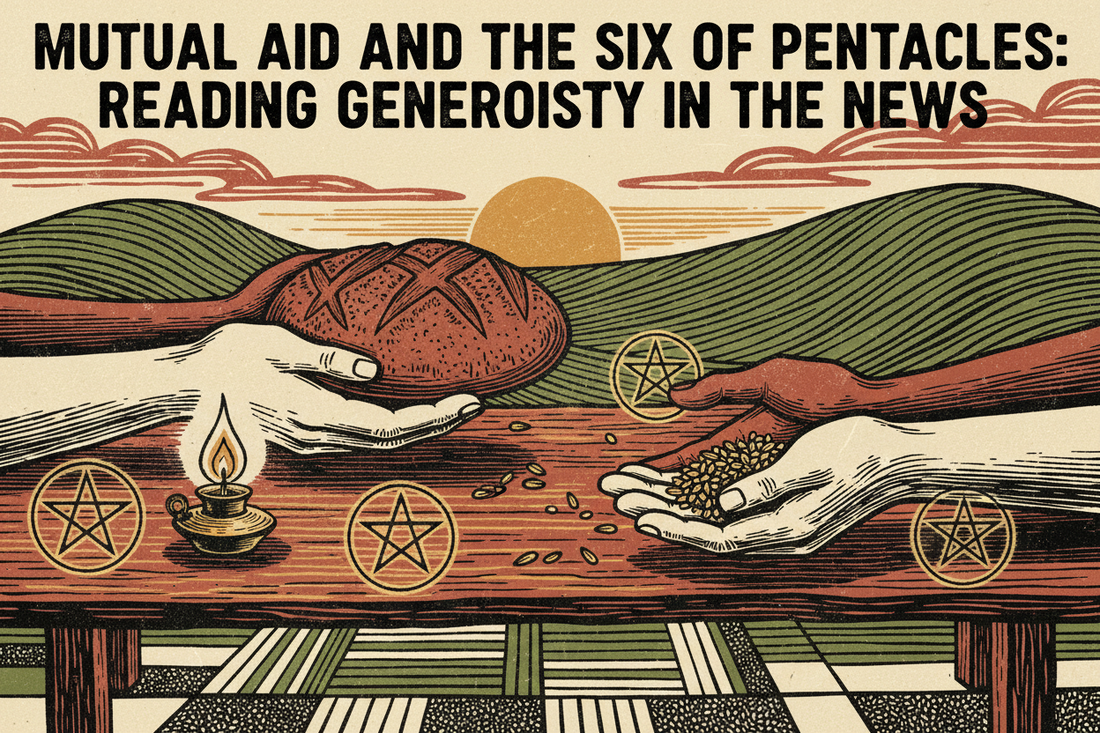 Mutual aid and the Six of Pentacles, hands sharing bread, seeds, and a small lamp