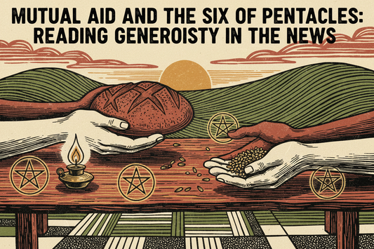 Mutual aid and the Six of Pentacles, hands sharing bread, seeds, and a small lamp