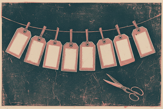 A collagraph print of a row of blank luggage tags hanging from a string with scissors below, in teal black, warm pink, and oatmeal