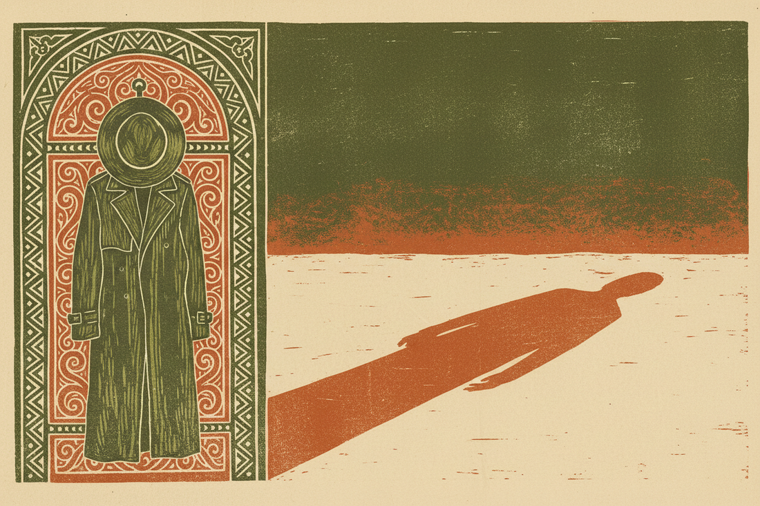 A woodcut print of a doorway with a hanging coat and hat and a long shadow cast across the floor, in olive, burnt orange, and cream