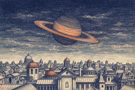 An etched line engraving of ringed Saturn over a rooftop skyline with one lit window, in ink blue, copper, and cream