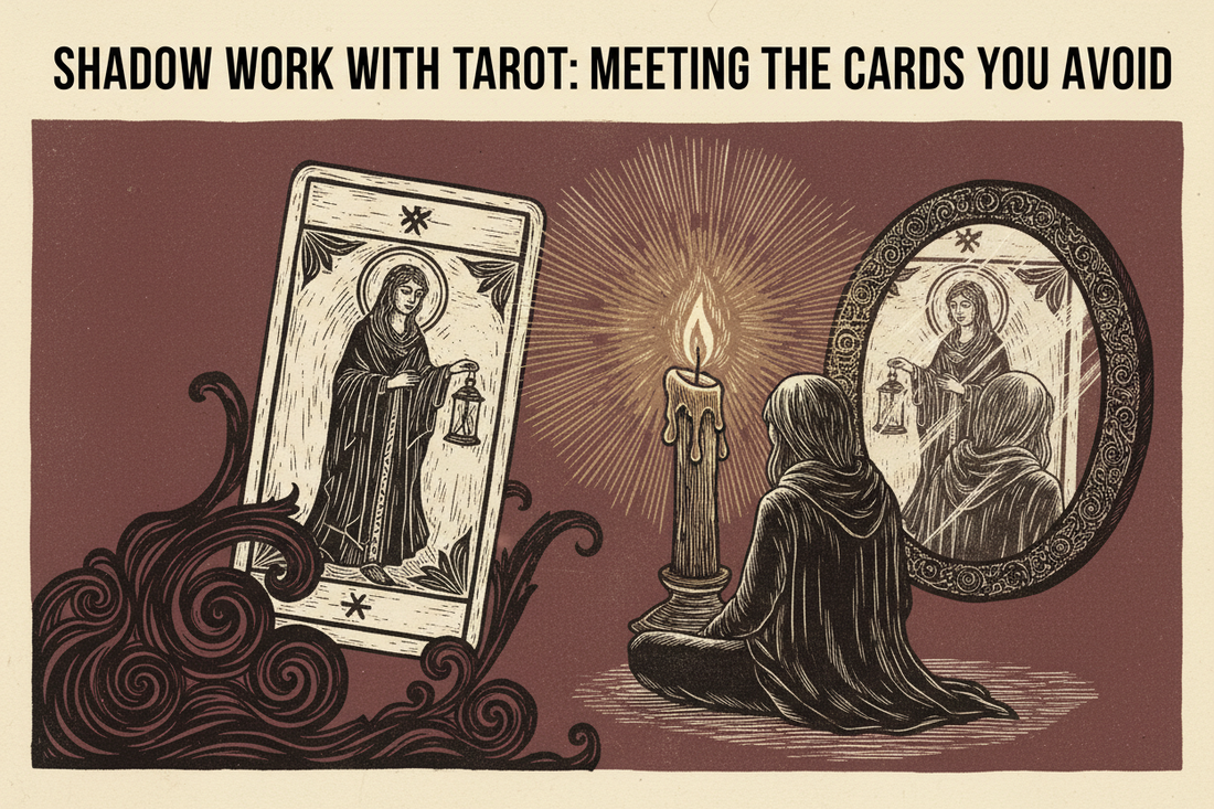 Shadow Work with Tarot, a card emerging from candlelight and burgundy shadow
