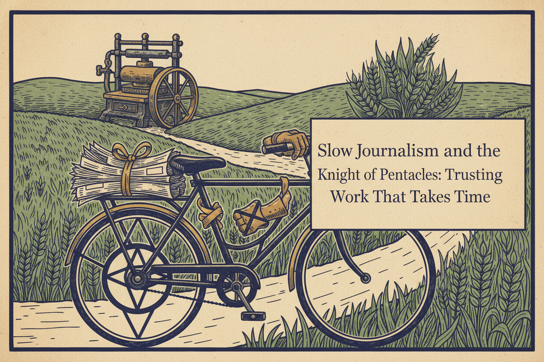 Slow Journalism and the Knight of Pentacles: Trusting Work That Takes Time, with a bicycle carrying newspapers through fields toward a small press