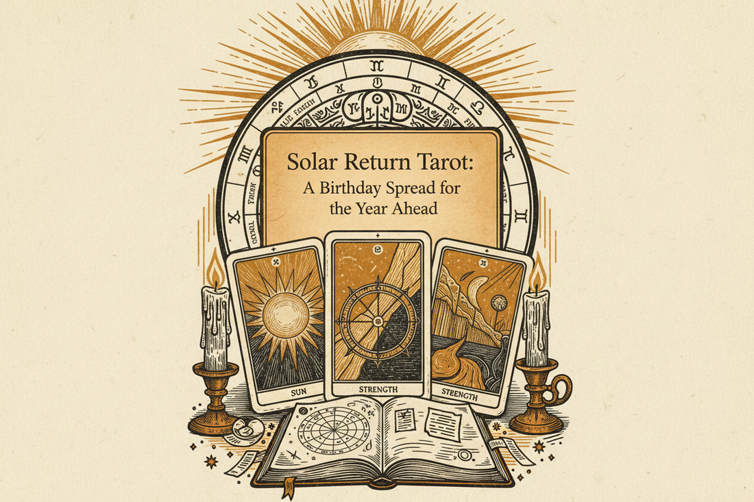 Solar Return Tarot: A Birthday Spread for the Year Ahead, with a radiant sun, astrology wheel, Tarot cards, candles, and a birth-chart journal