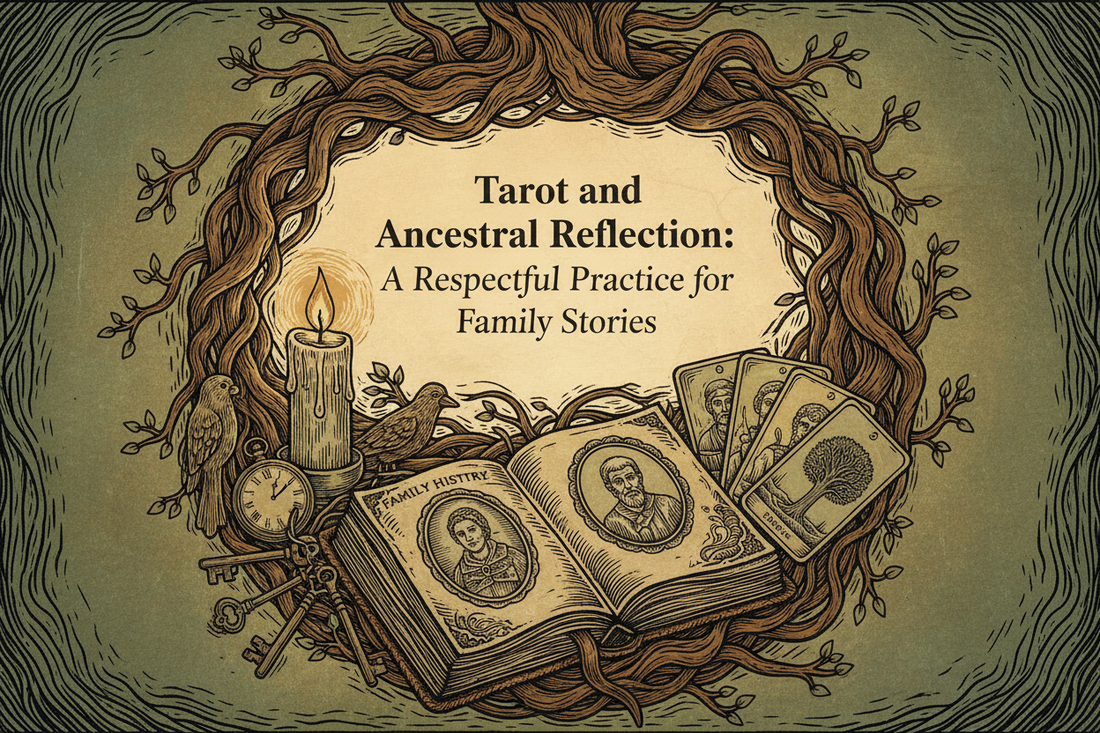 Tarot and Ancestral Reflection: A Respectful Practice for Family Stories, with a family-history journal, photographs, candle, heirlooms, and Tarot cards