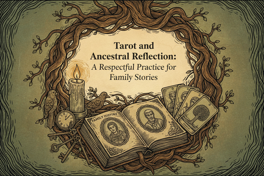 Tarot and Ancestral Reflection: A Respectful Practice for Family Stories, with a family-history journal, photographs, candle, heirlooms, and Tarot cards