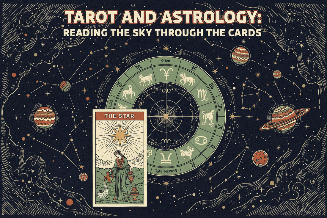 Handmade linocut blog cover showing a Tarot card inside a zodiac wheel beneath constellations and planets