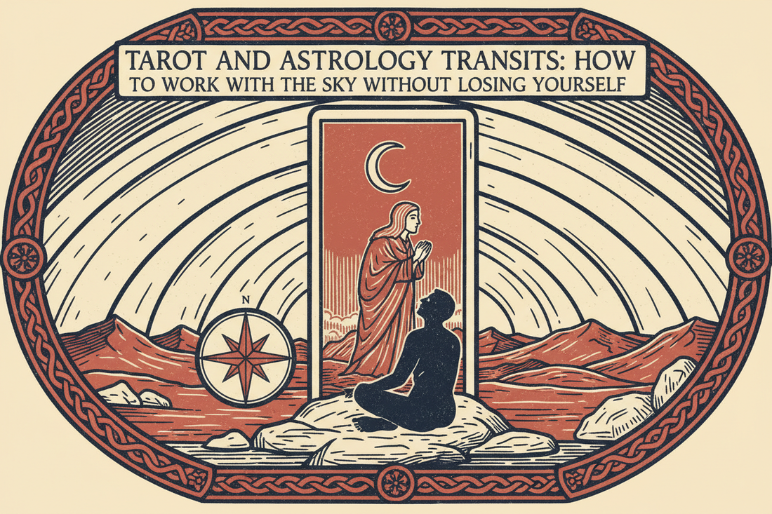 Tarot and astrology transits, planetary arcs above a Tarot card, compass, and grounded reader