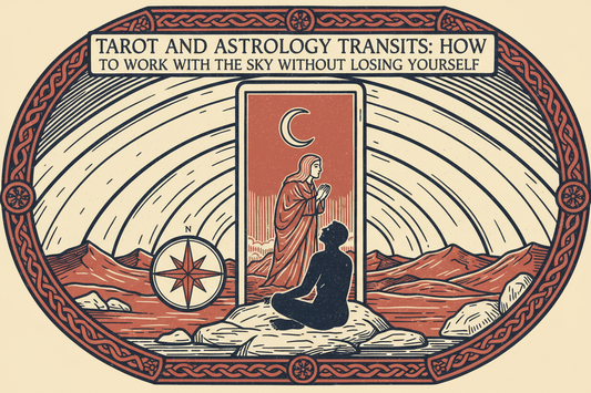 Tarot and astrology transits, planetary arcs above a Tarot card, compass, and grounded reader