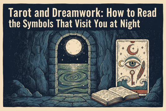 Handmade linocut blog cover showing a moonlit doorway, water, a Tarot card, dream symbols, and an open journal