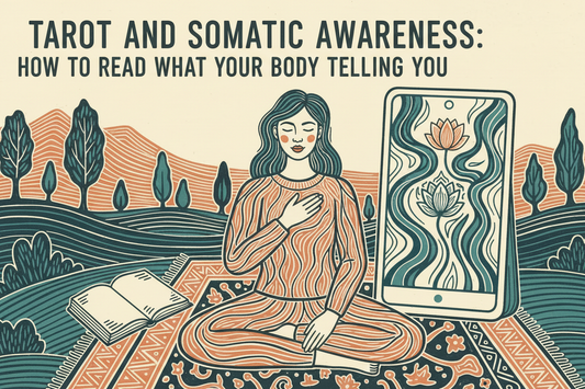Tarot and somatic awareness, a person noticing their body beside an open card and journal