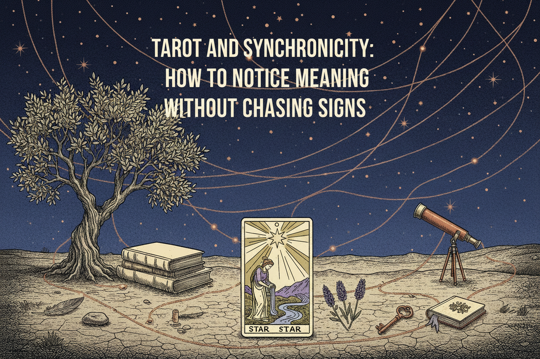 Tarot and Synchronicity: How to Notice Meaning Without Chasing Signs, shown in the upper-center of an approved-style starry Tarot landscape