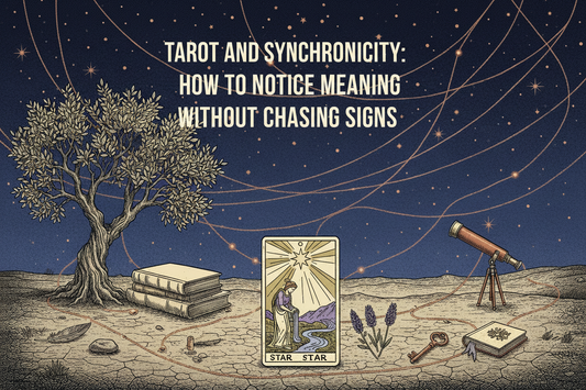 Tarot and Synchronicity: How to Notice Meaning Without Chasing Signs, shown in the upper-center of an approved-style starry Tarot landscape