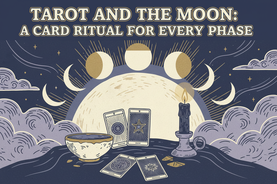 Handmade linocut blog cover showing the Moon’s phases above a Tarot ritual with cards, a bowl, and a candle
