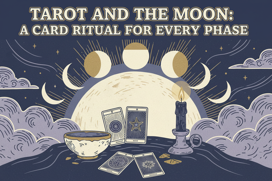 Handmade linocut blog cover showing the Moon’s phases above a Tarot ritual with cards, a bowl, and a candle