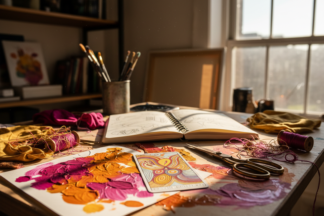 Paint swatches, sketchbook, creative tools, and a Tarot card on an artist studio table