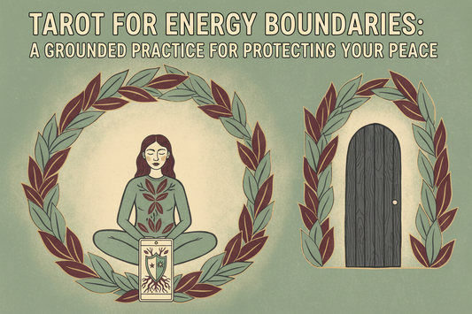 Tarot for energy boundaries, a calm reader inside a leafy protective circle beside an open card and doorway