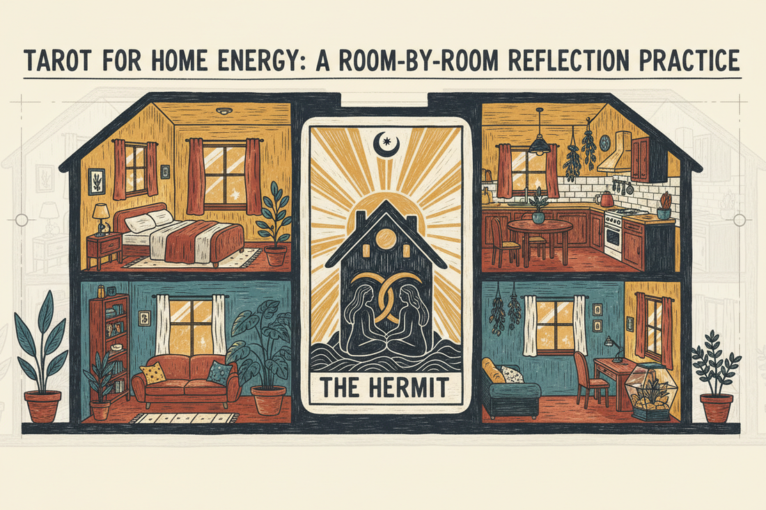 Tarot for home energy, with a room-by-room reflection spread, candles, plants, and a Tarot card