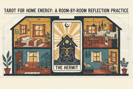 Tarot for home energy, with a room-by-room reflection spread, candles, plants, and a Tarot card