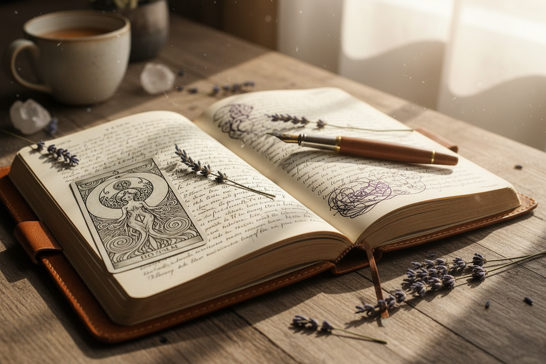 An open Tarot journal with a card, fountain pen, pressed lavender, and morning light